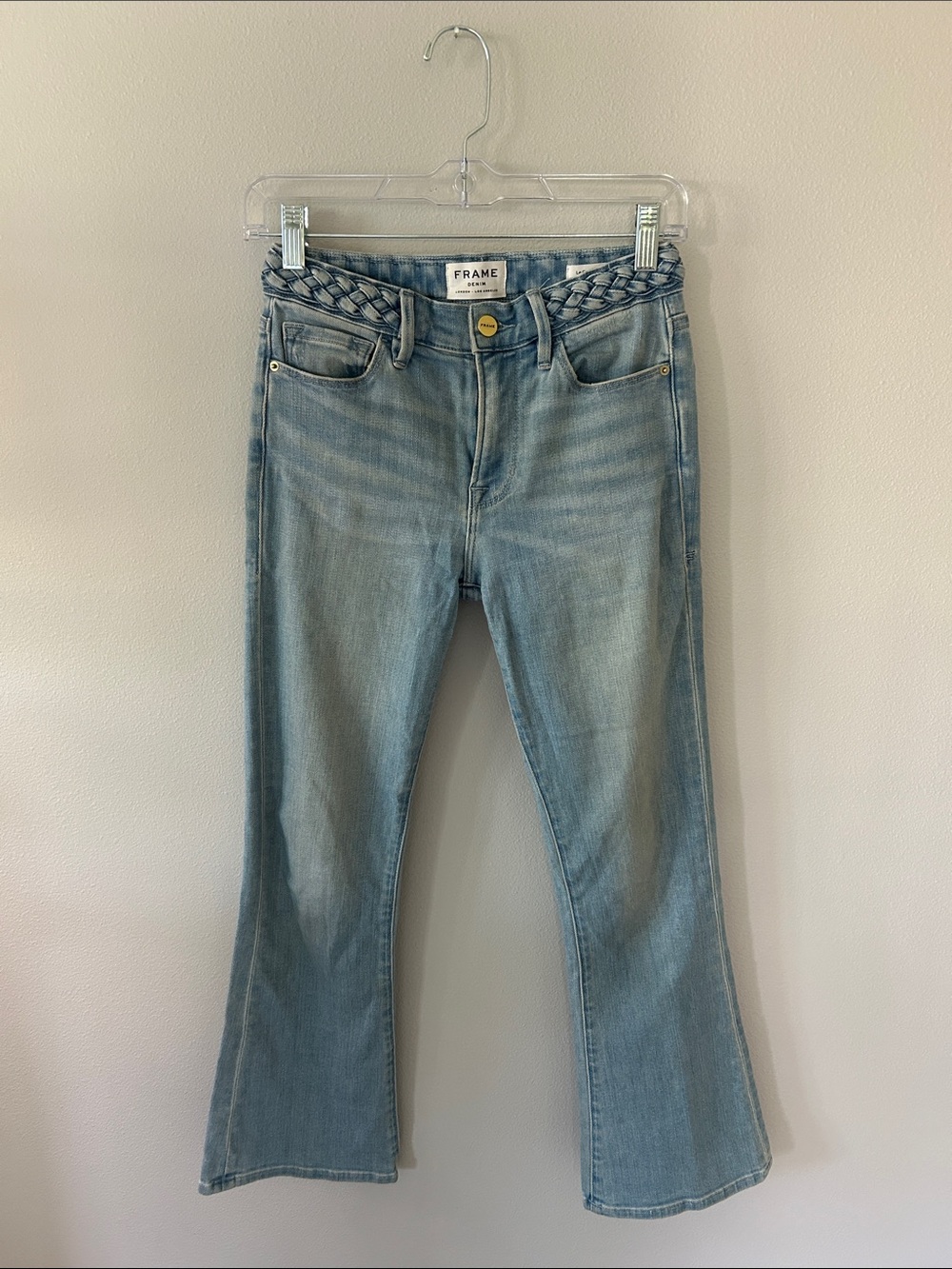 Frame Denim Braided Waist Light Blue Le Crop Mini Boot Jeans Size 24 - Picture 1 of 11